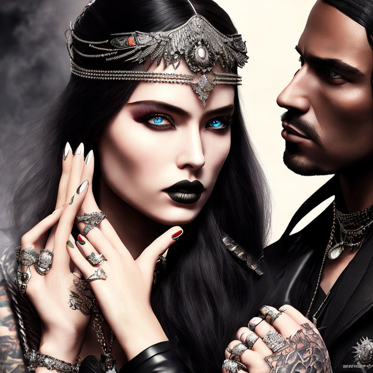 Woman with blue eyes and black lipstick and man with tattoos and dark attire in elaborate head jewelry and rings