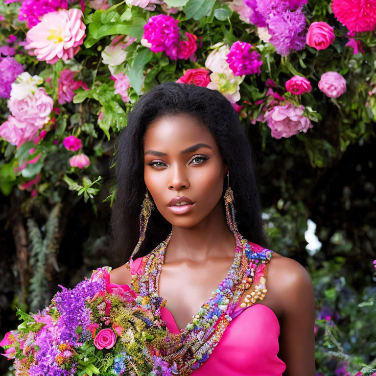 Woman with Striking Makeup and Elegant Jewelry Poses in Lush Garden