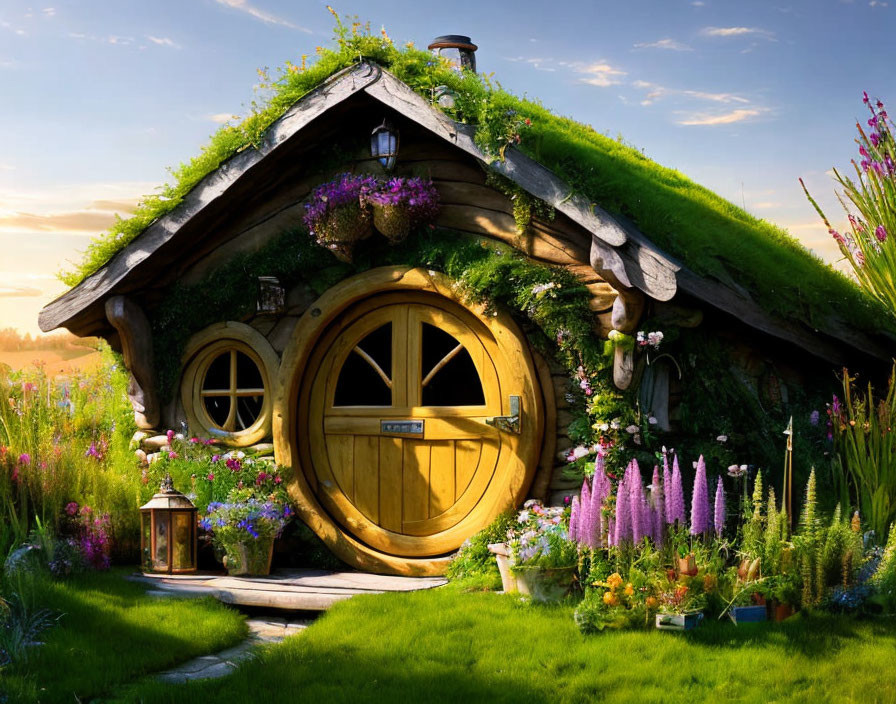 Unique Hobbit-Style House with Round Door and Green Roof in Countryside Sunset