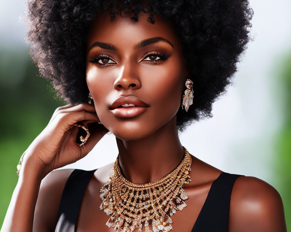 Woman with voluminous afro, gold earrings, and ornate necklace against green background