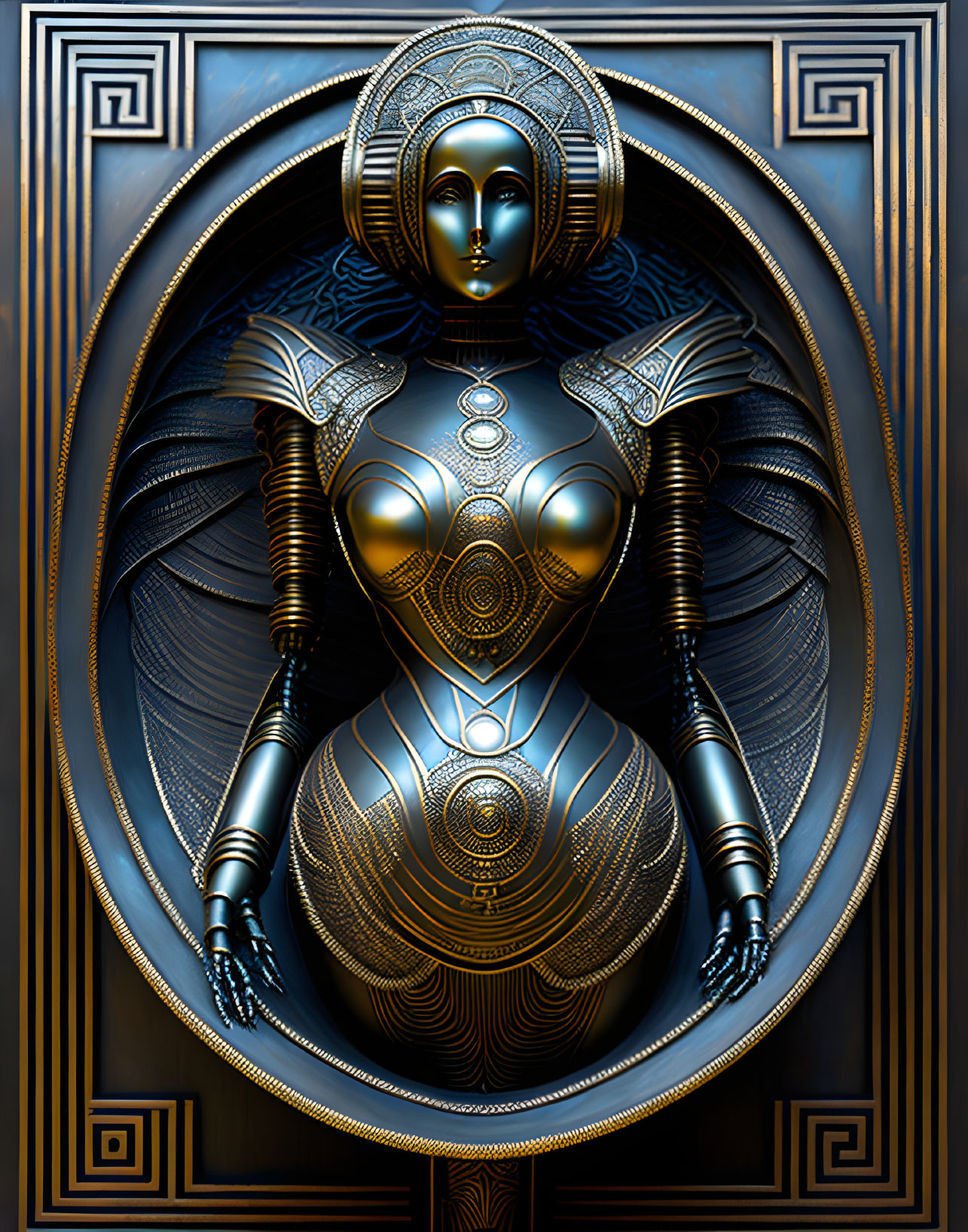 Futuristic humanoid figure with metallic features on blue and gold Greek key motif background