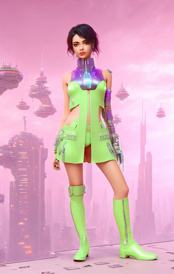 Futuristic digital artwork of woman in green attire against cityscape backdrop