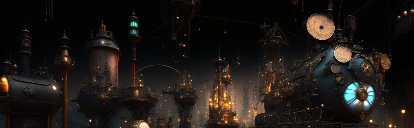 Panoramic steampunk cityscape with metallic towers and airships at night