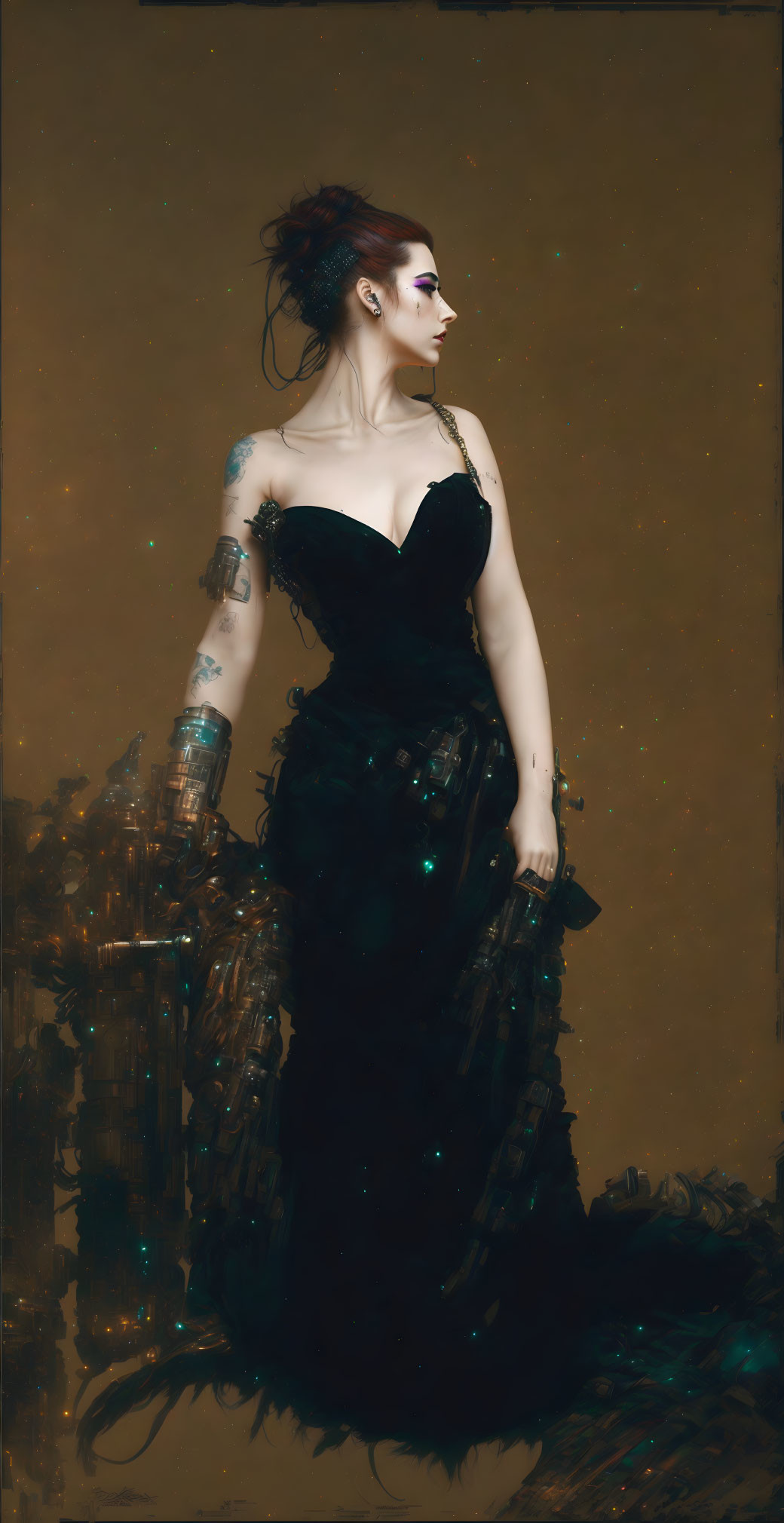 Cybernetic arm woman in black dress against starry backdrop gazes intensely.