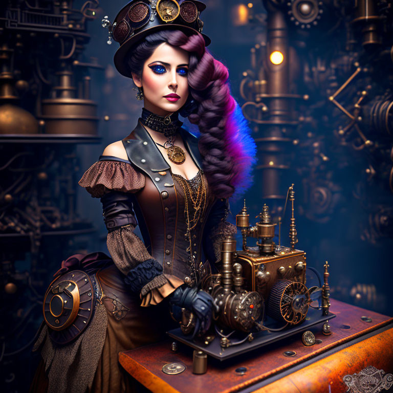 Elaborate steampunk attire with top hat and goggles in Victorian setting