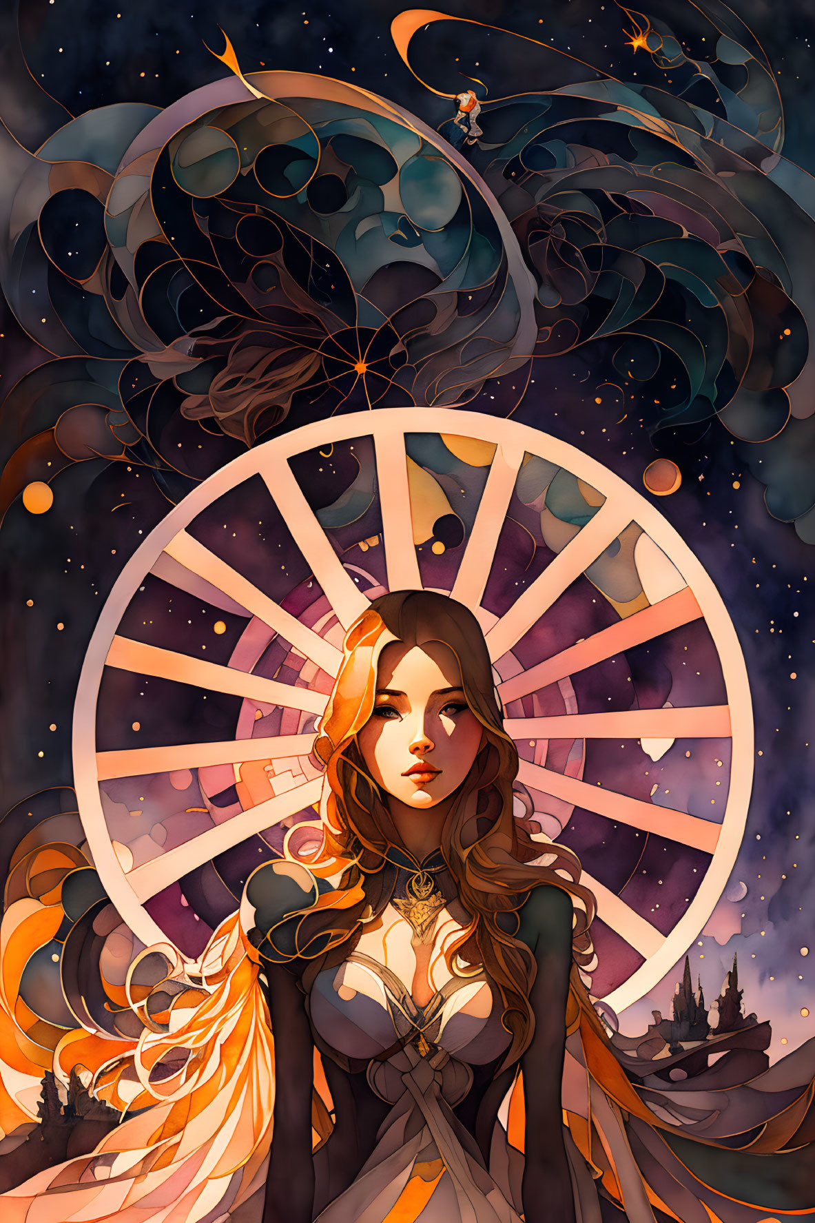 Stylized illustration of woman with flowing hair and ornate clothing against cosmic backdrop