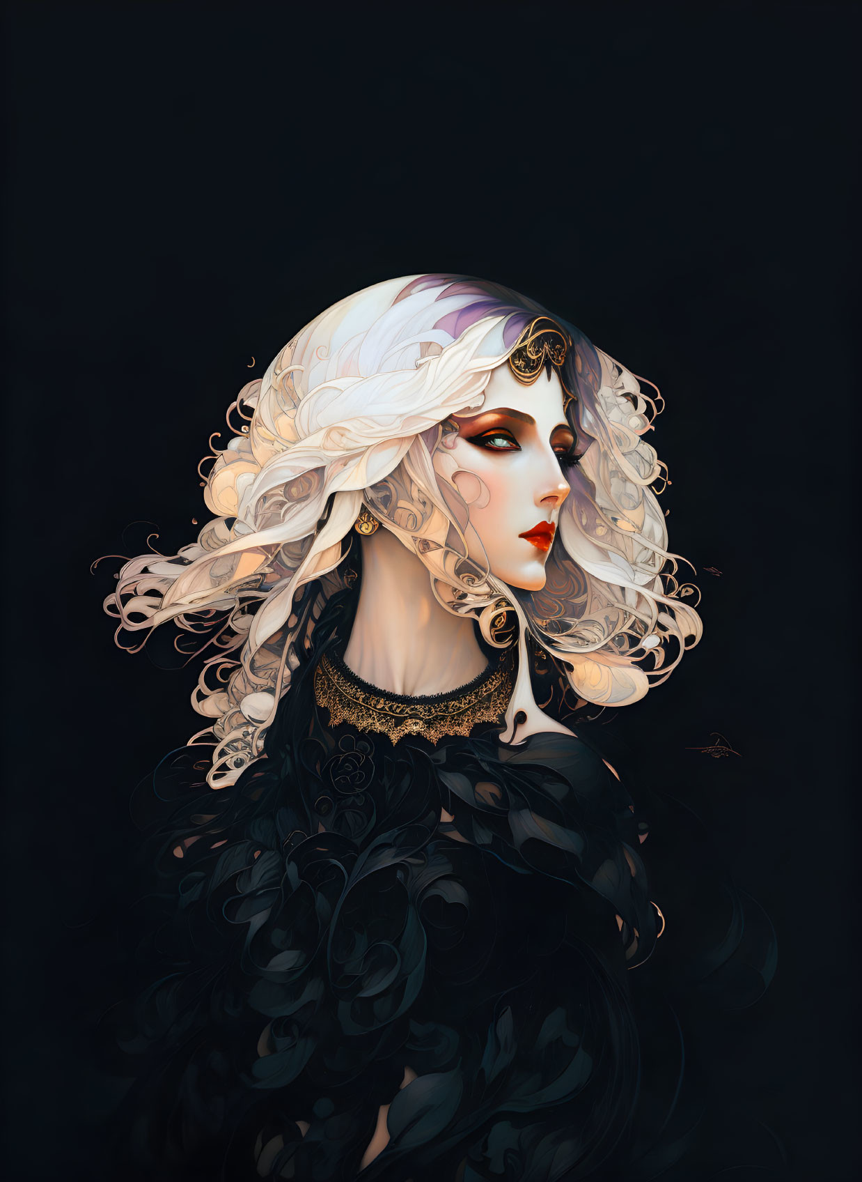 Illustration: Pale-skinned woman with white wavy hair in dark dress with rose patterns on black