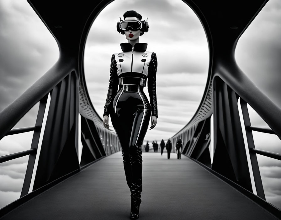 Monochrome image of person on futuristic bridge in VR headset