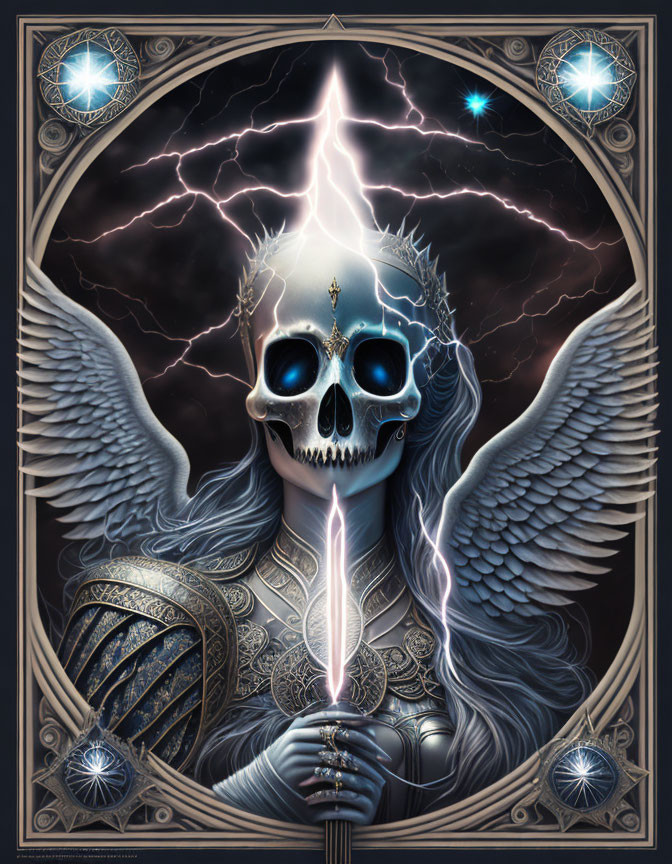 Skull with Blue Eyes and Ornate Armor Holding Sword in Cosmic Scene