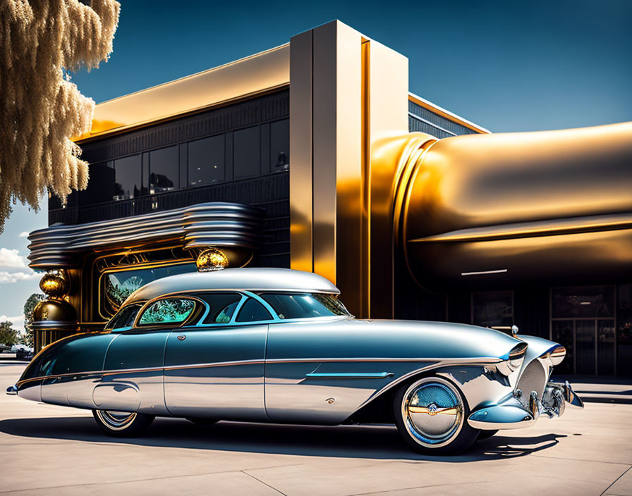 Vintage car parked in front of modern building with gold and black facade