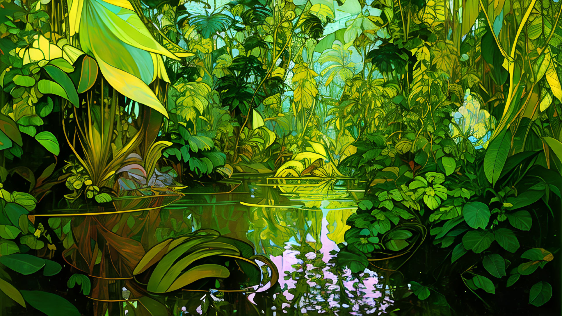 Colorful Jungle Scene with Reflective Water Body