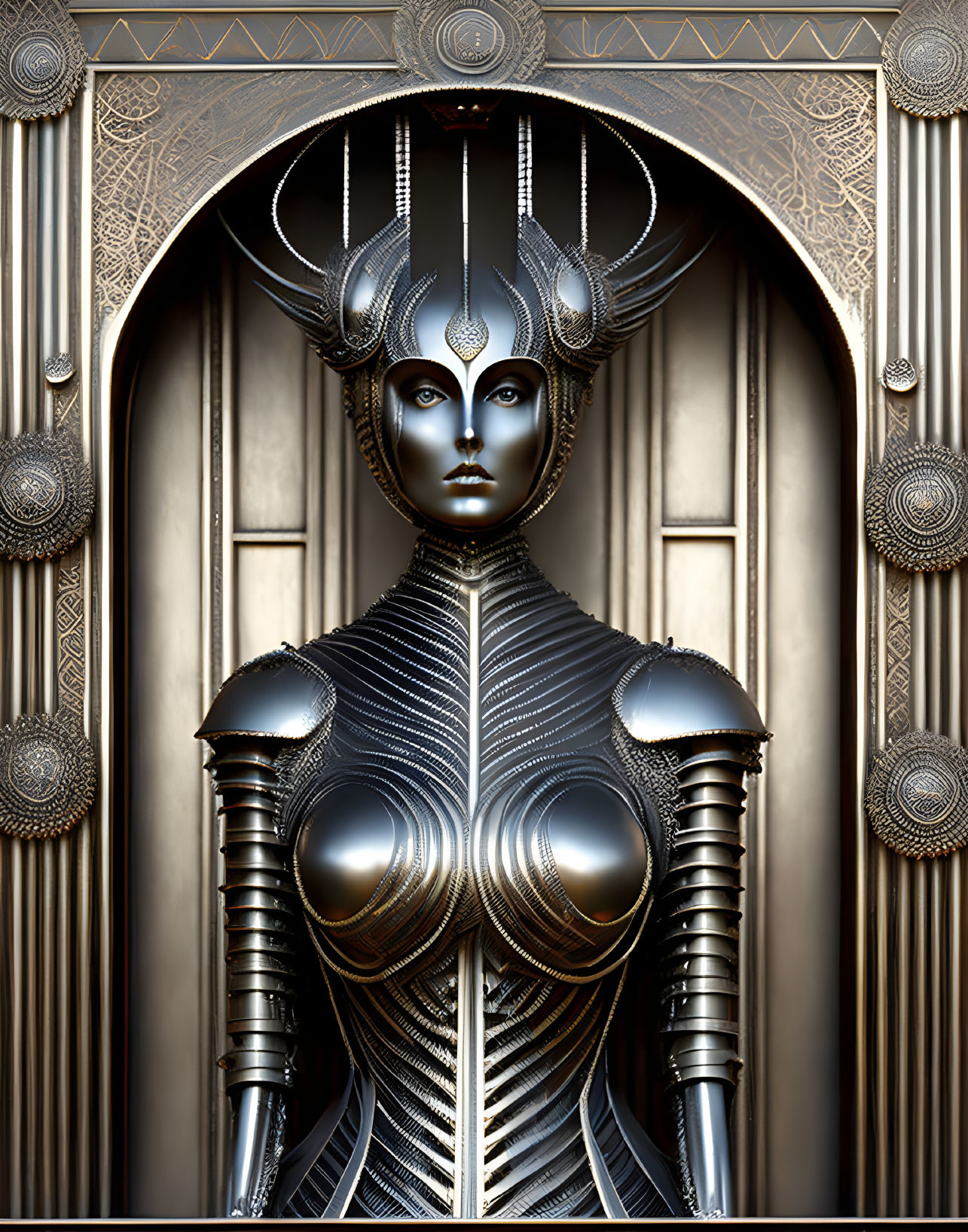 Detailed Metallic Robotic Figure in Futuristic Setting