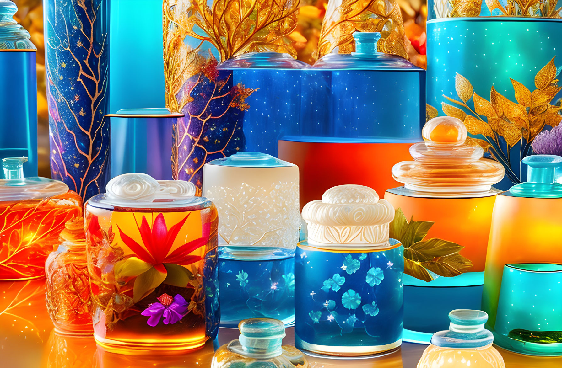 Colorful Nature-Themed Glass Containers Displayed on Reflective Surface