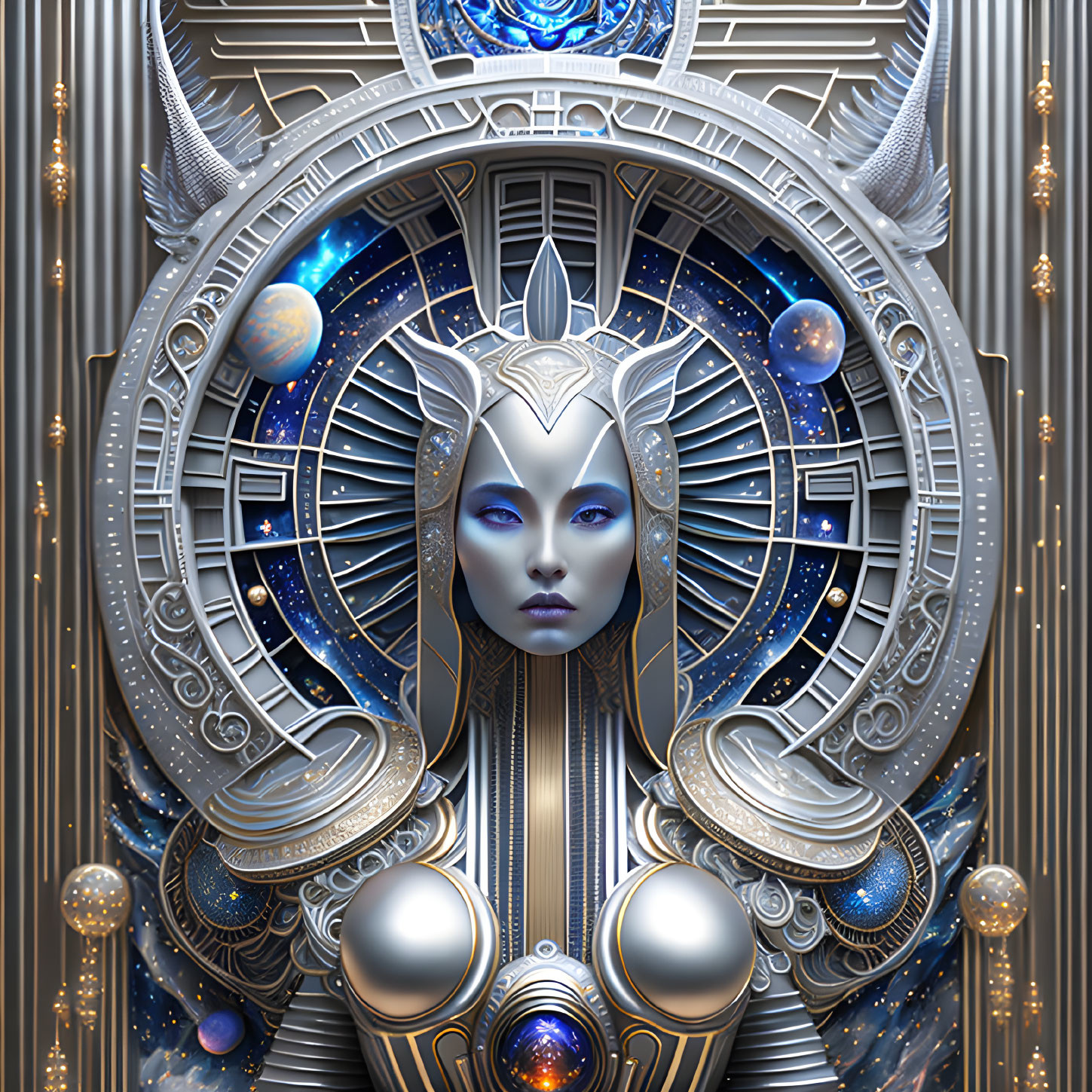 Detailed futuristic female figure surrounded by ornate metallic designs & celestial motifs