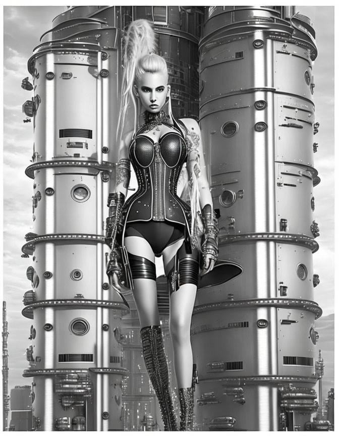 Futuristic female cyberpunk character with robotic limbs and industrial backdrop