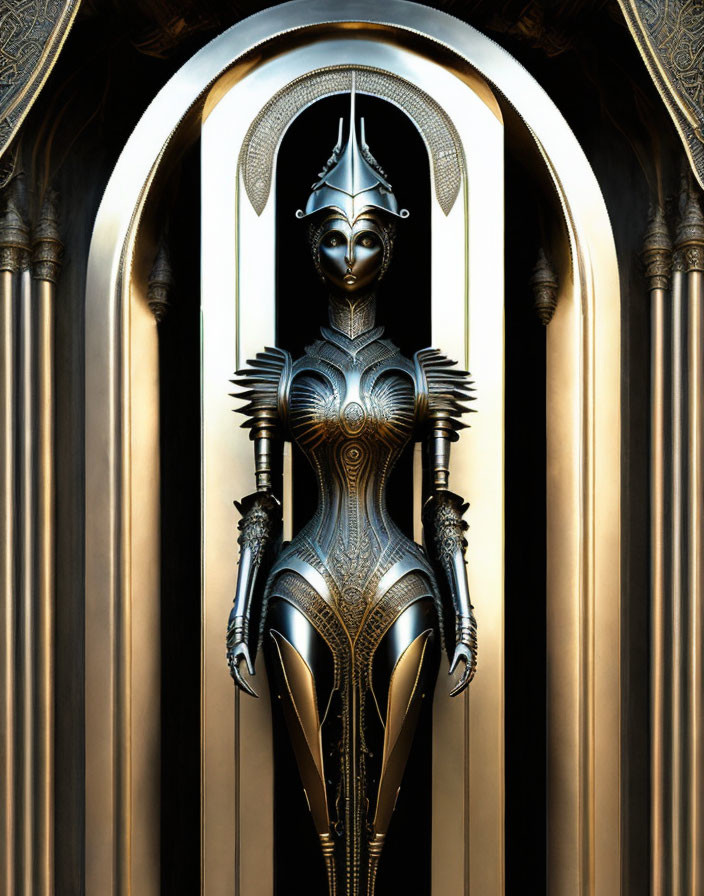 Futuristic female android in intricate metallic armor under ornate archway