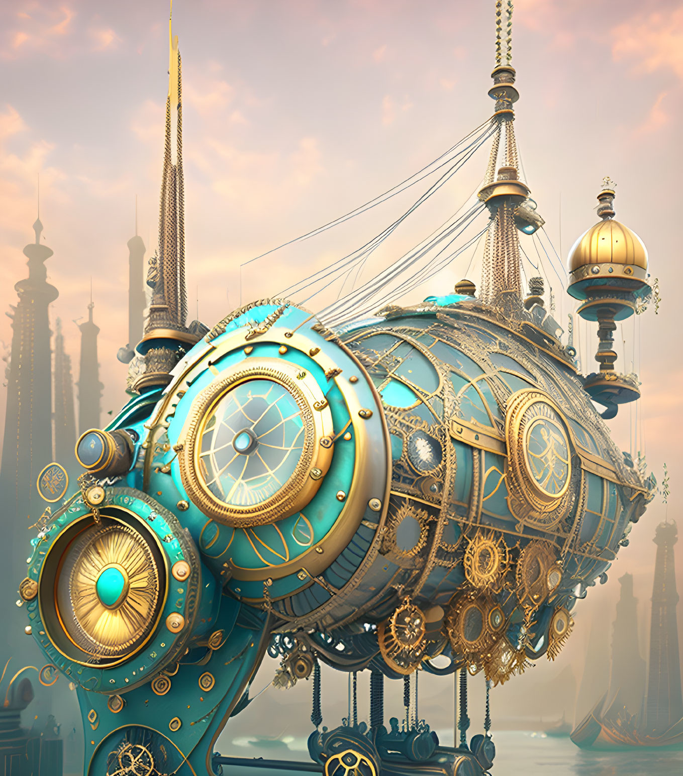 Steampunk-style airship with intricate metalwork and gears near towering, ornate spires