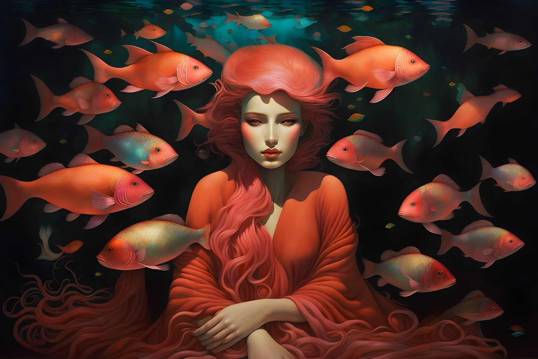 Vibrant red-haired woman with fish in dark underwater setting