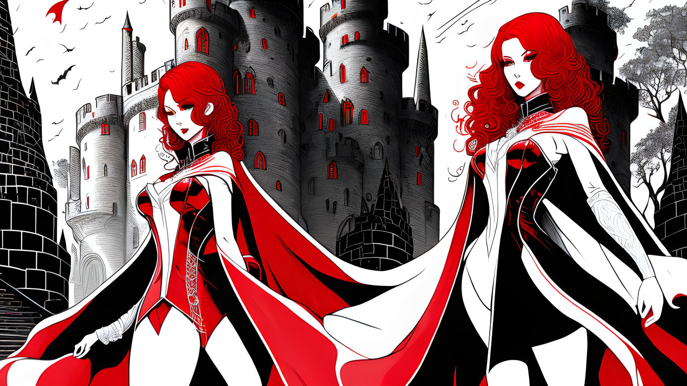 Stylized women in red and black cloaks at monochrome castle with bat - stark white background