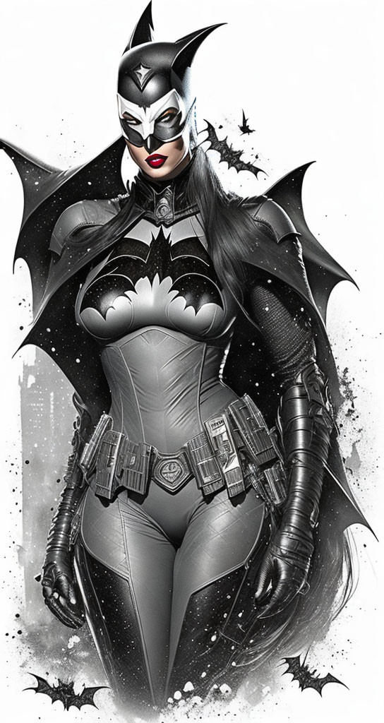 Monochromatic female superhero illustration with bat-inspired costume