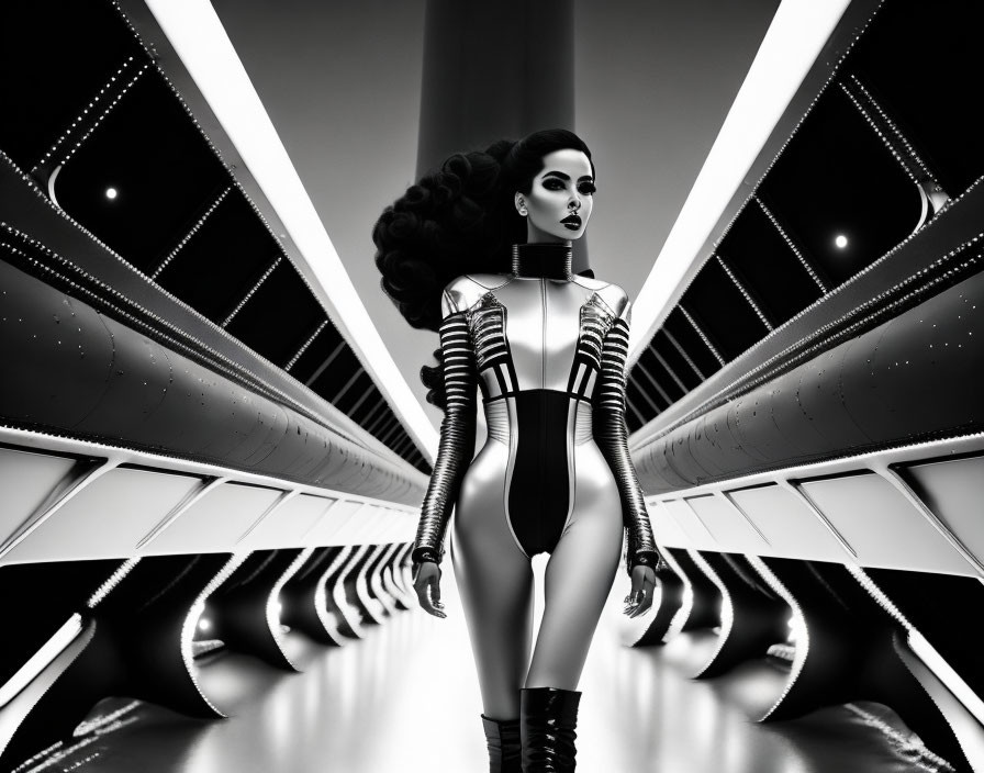 Monochrome image: Stylish woman in futuristic bodysuit in abstract geometric corridor.