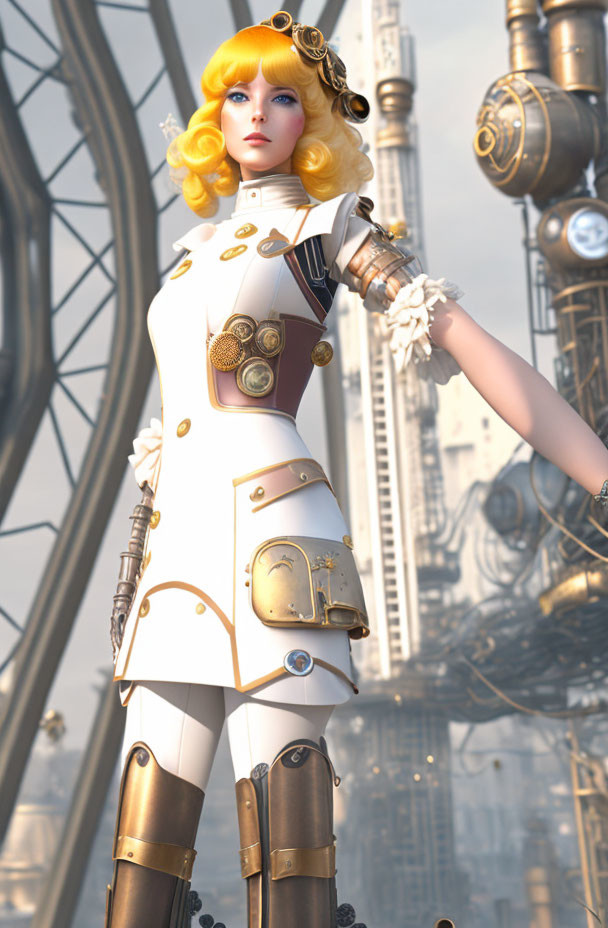 Detailed 3D illustration of female character in white and gold steampunk outfit with mechanical arm in