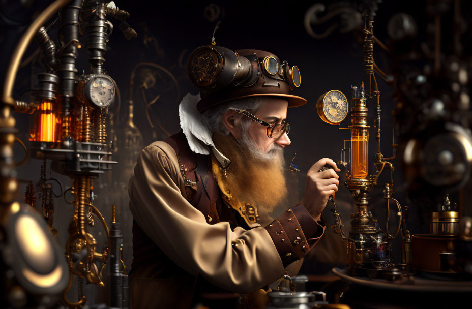 Steampunk-themed man with vial among vintage clocks and mechanical devices