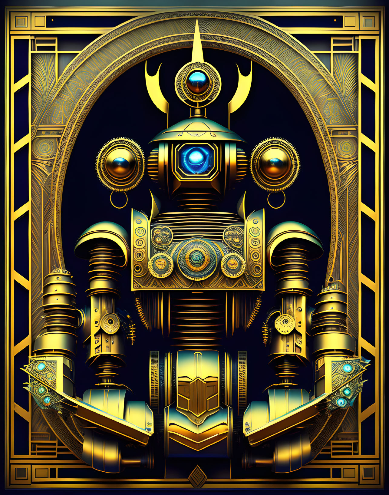 Symmetrical art deco robot illustration with gold and blue geometric details