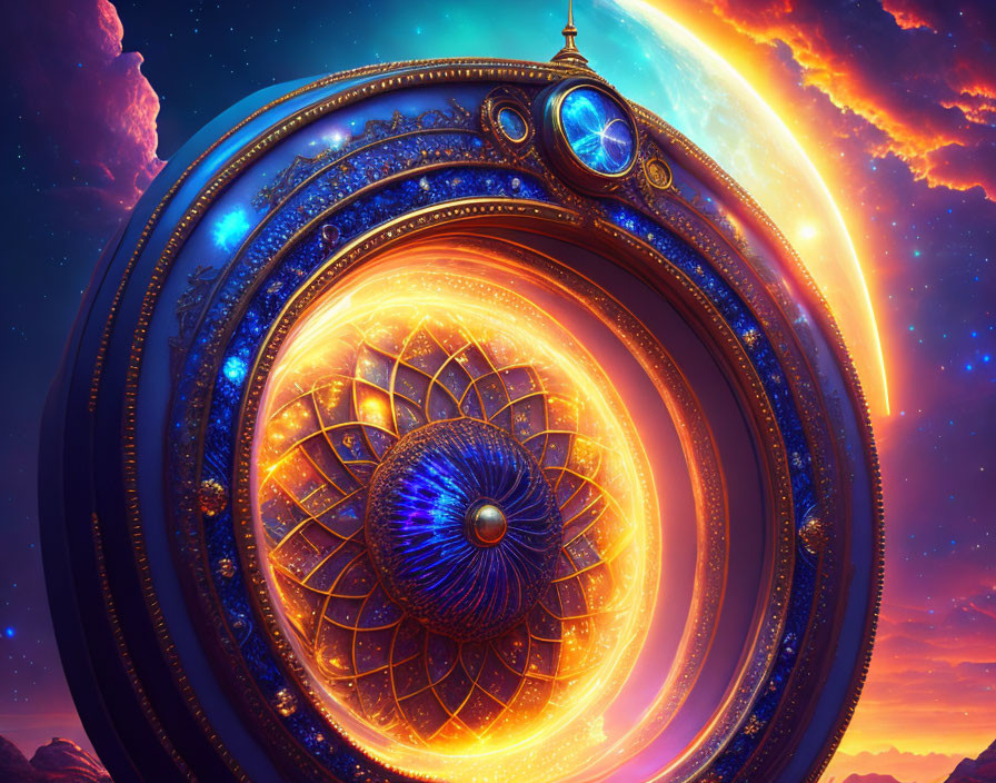 Colorful digital art: intricate circular structure against cosmic backdrop