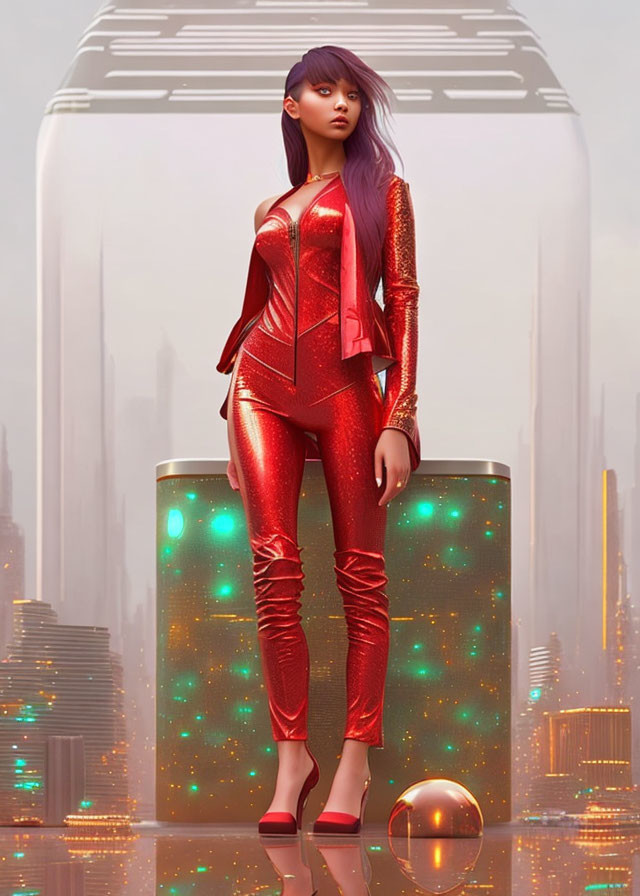 Digital artwork: Woman with purple hair in red jumpsuit on futuristic platform.