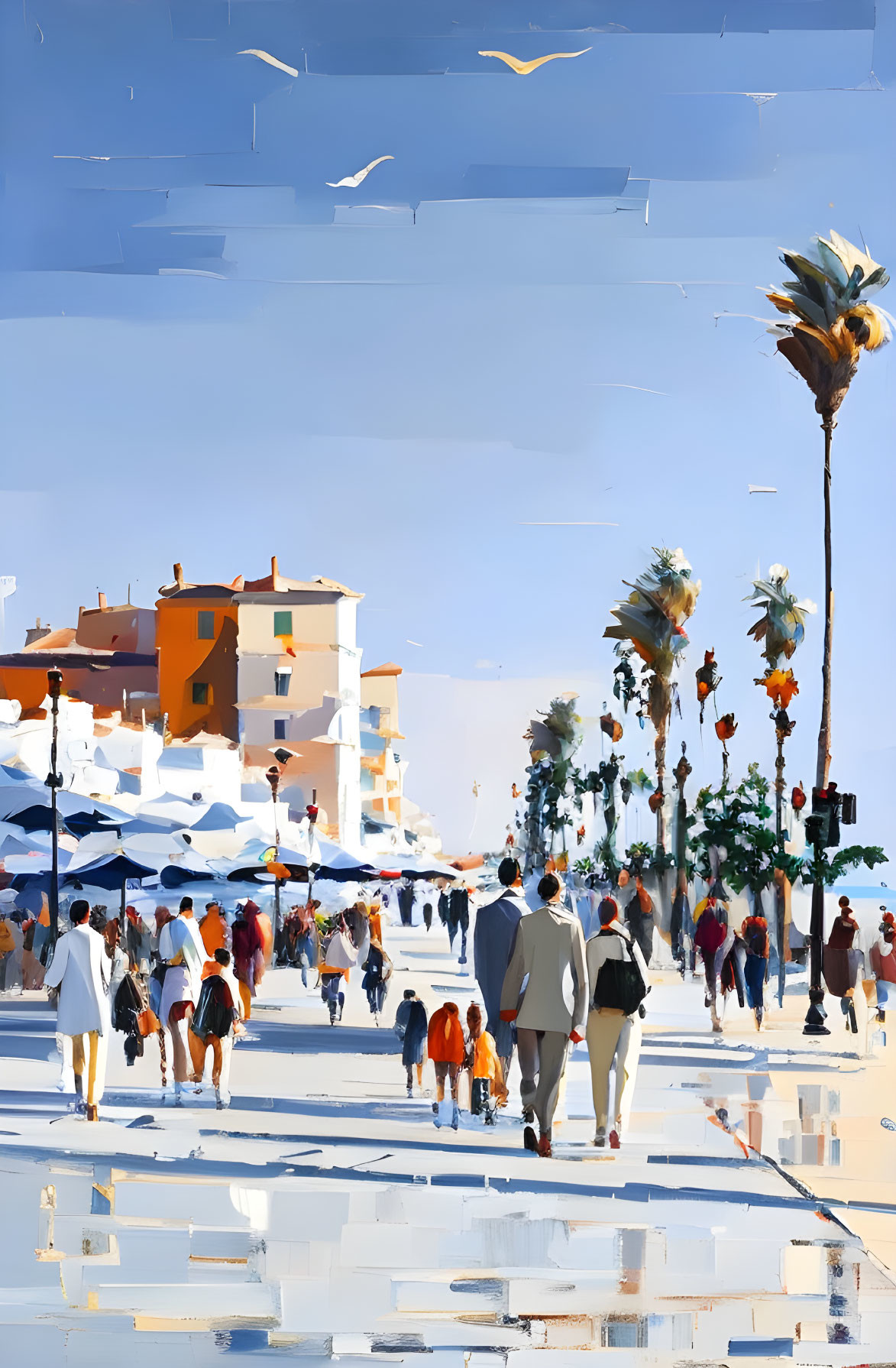 City street with pedestrians, palm trees, and buildings under clear blue sky