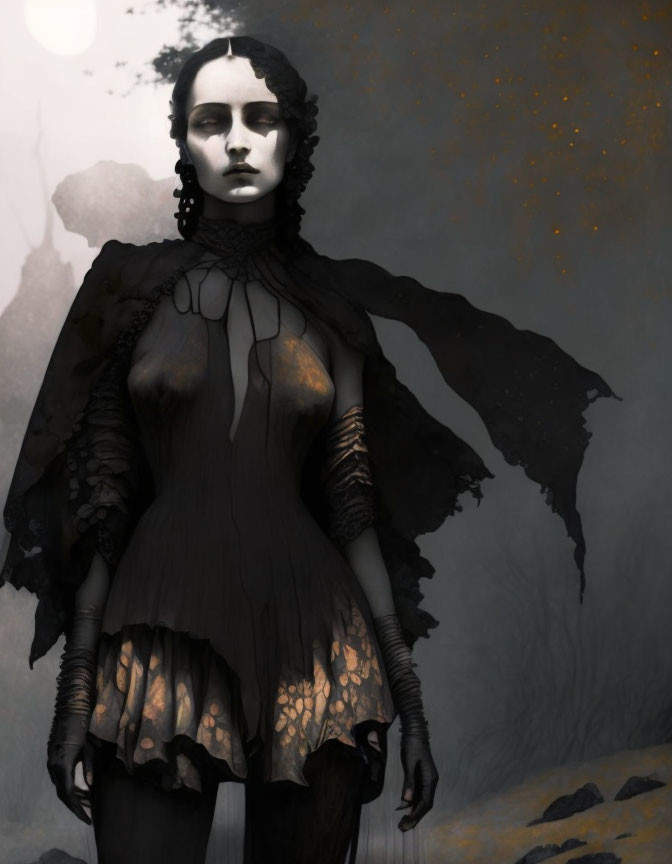 Gothic-style illustration of a pale woman in dark attire