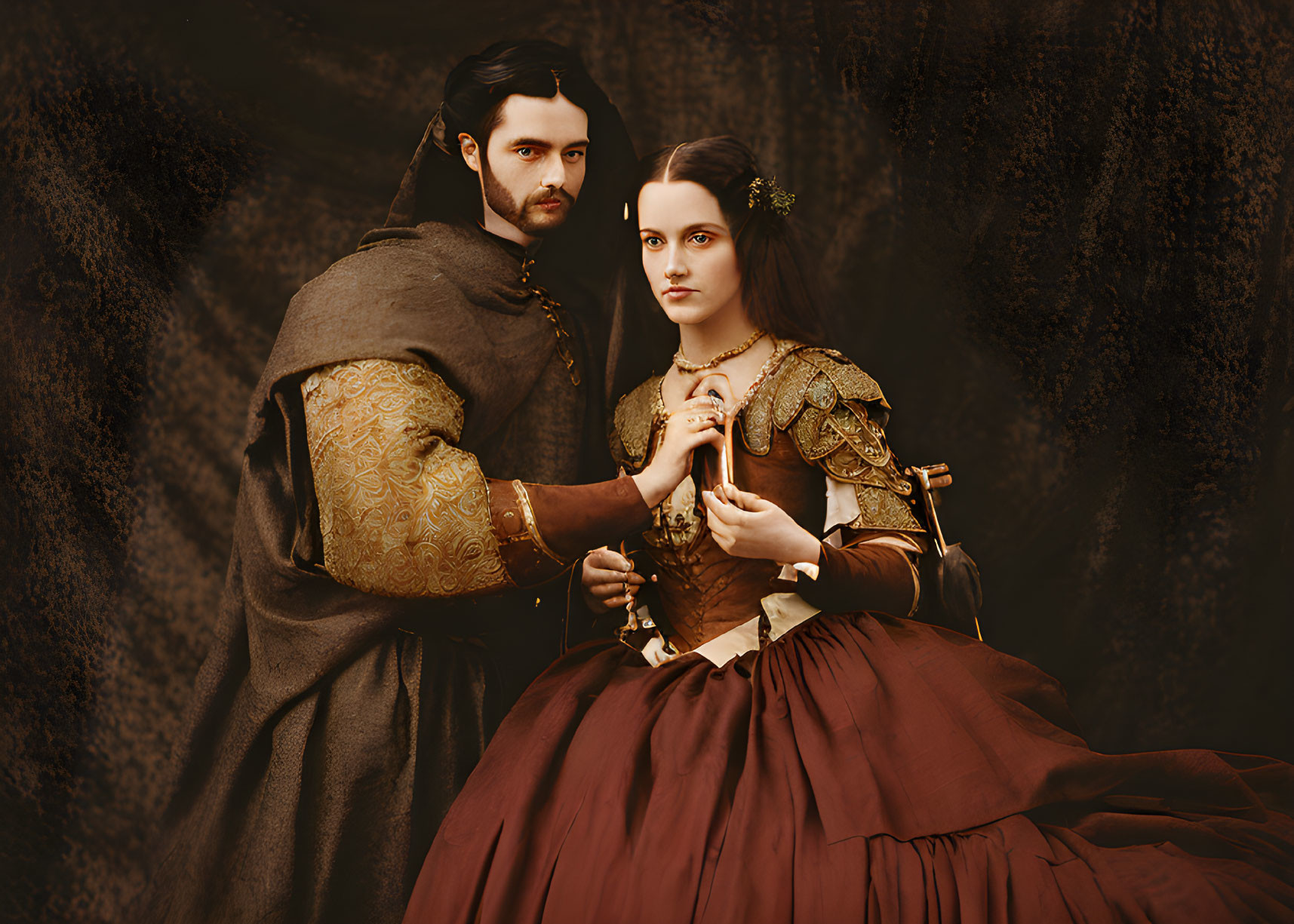 Medieval-themed couple in ornate costumes portraying nobility