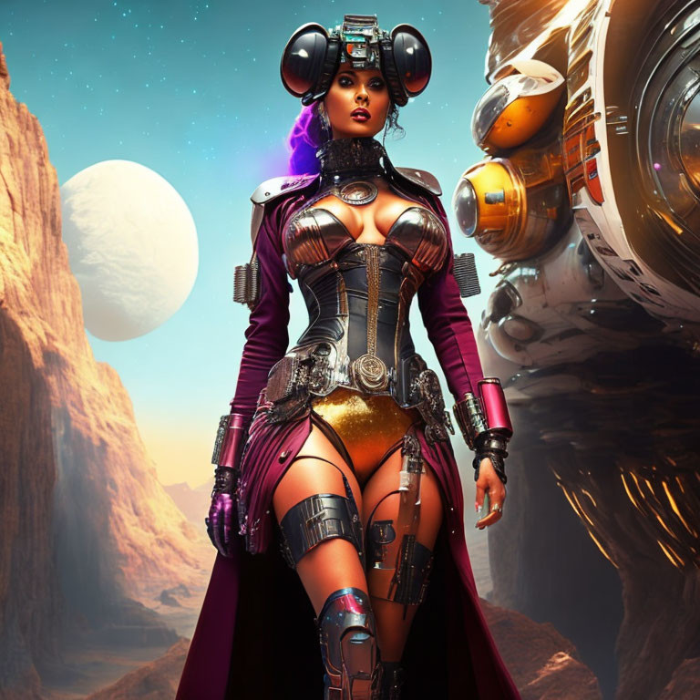 Futuristic warrior woman in sci-fi armor on desert planet with spaceship and moons