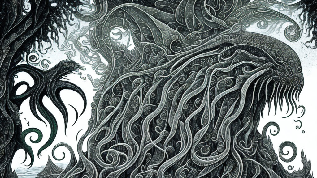 Monochrome swirling abstract illustration with wave and tentacle motifs