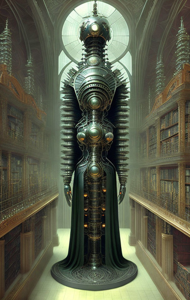 Steampunk-style robot in grand library with shelves and vaulted ceiling