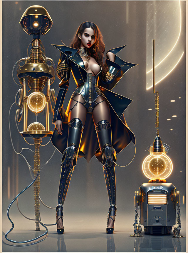 Futuristic woman in metallic armor with robotic entity in sci-fi setting