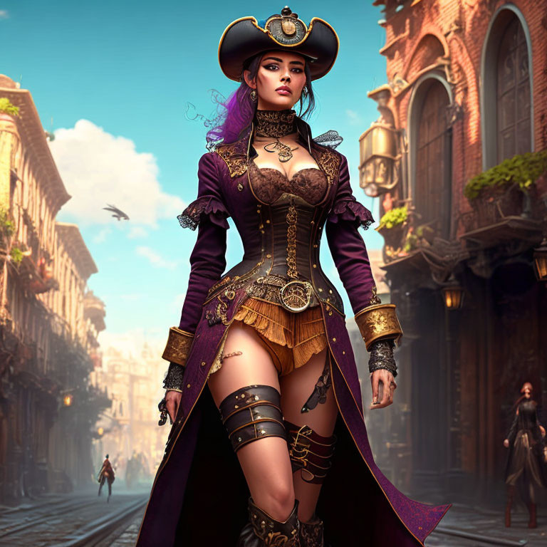 Female character in pirate costume with tricorne hat in historical street setting.