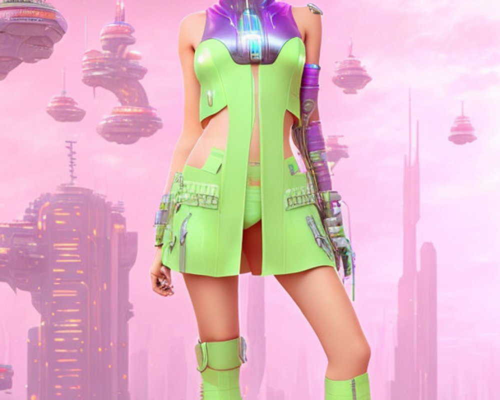 Futuristic digital artwork of woman in green attire against cityscape backdrop