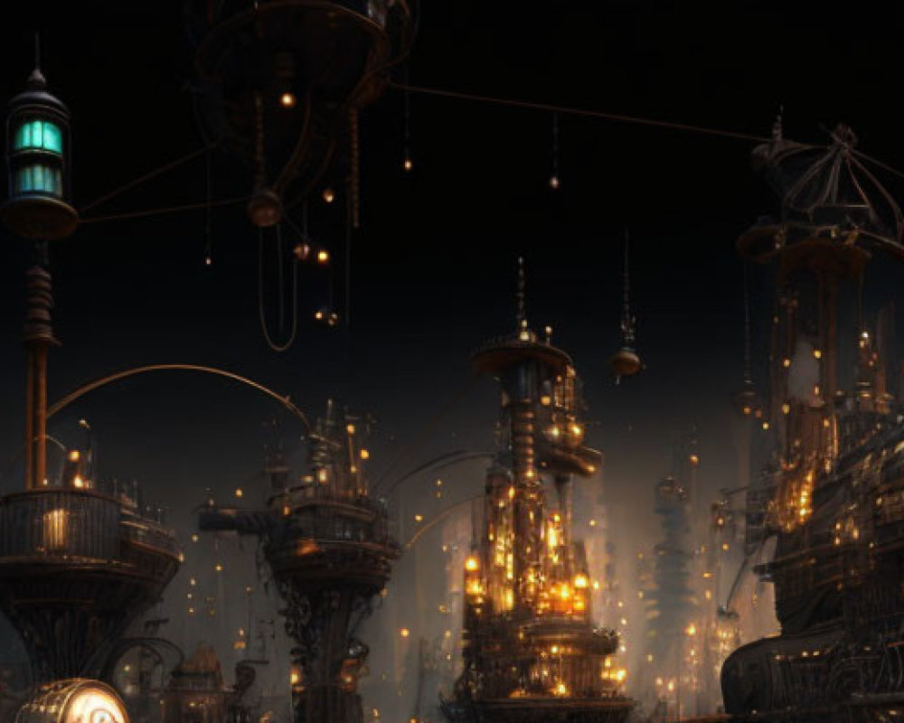 Panoramic steampunk cityscape with metallic towers and airships at night