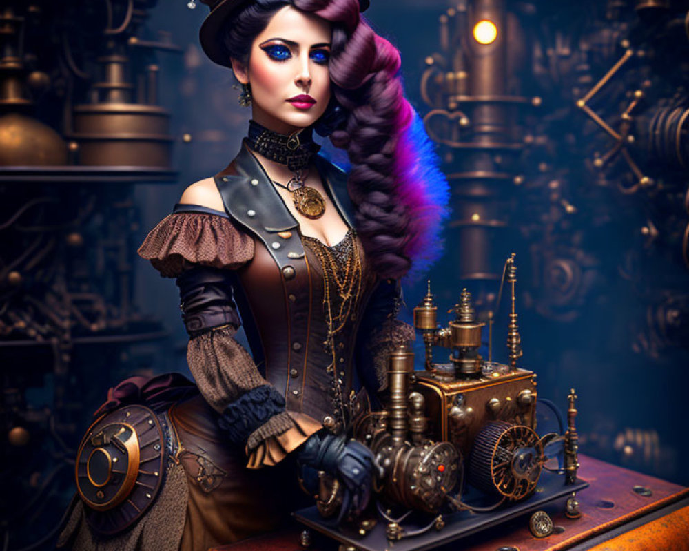 Elaborate steampunk attire with top hat and goggles in Victorian setting