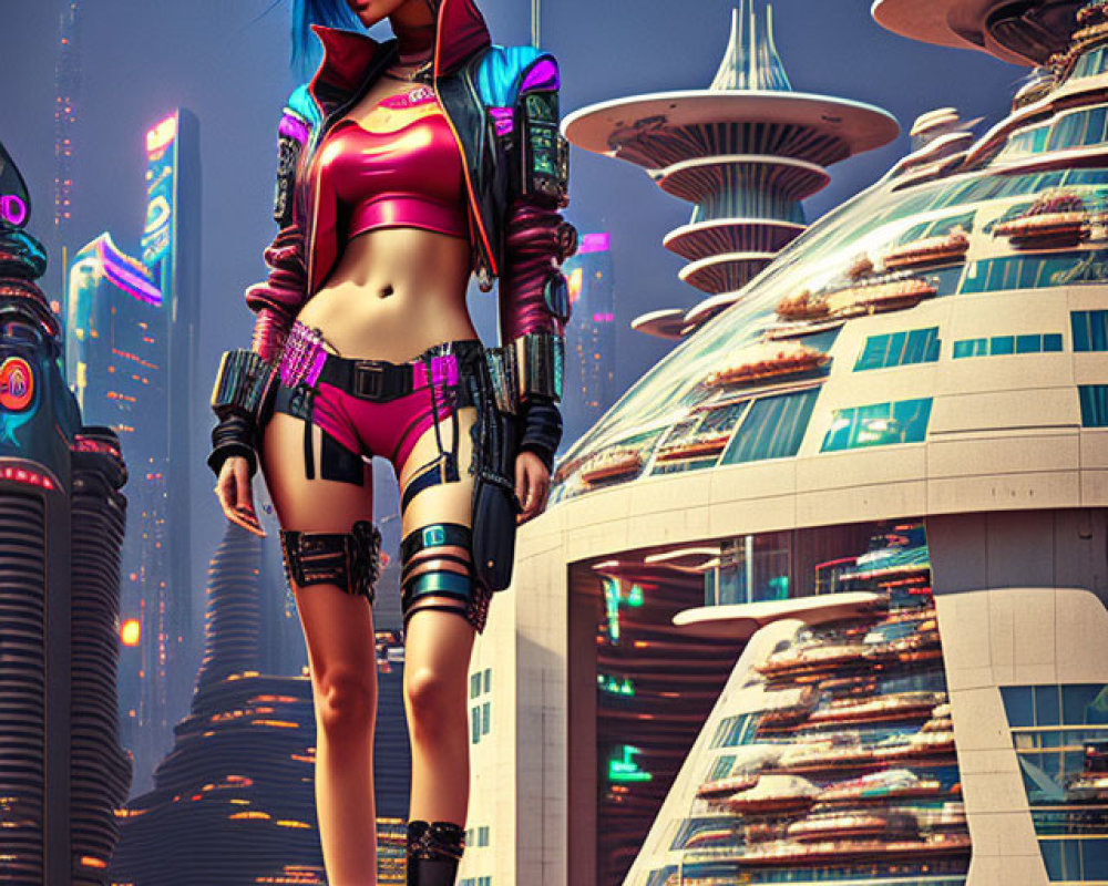 Futuristic cyberpunk-style female character in pink and black outfit in advanced cityscape