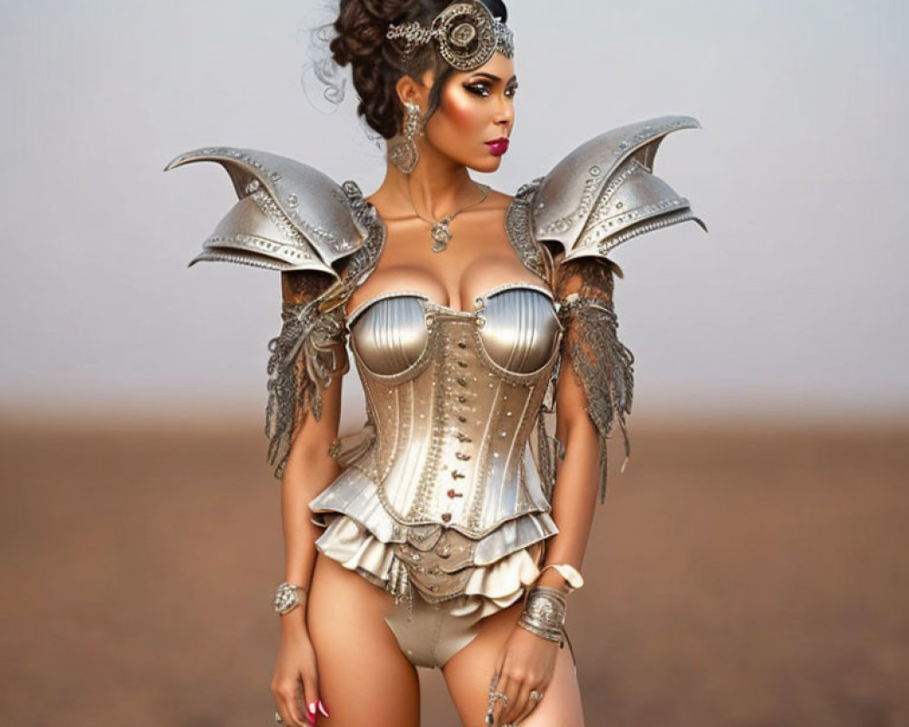 Elaborate Fantasy Armor with Metallic Corset and Shoulder Pads Pose