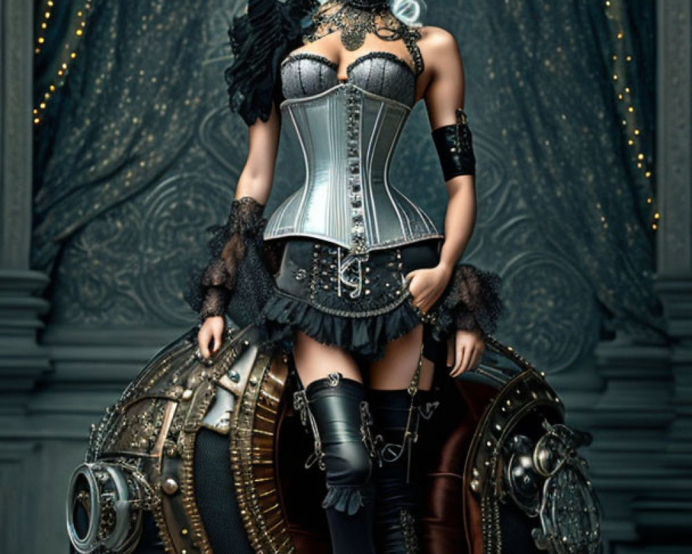 Elaborate steampunk attire with corset, top hat, goggles, and mechanical skirt design