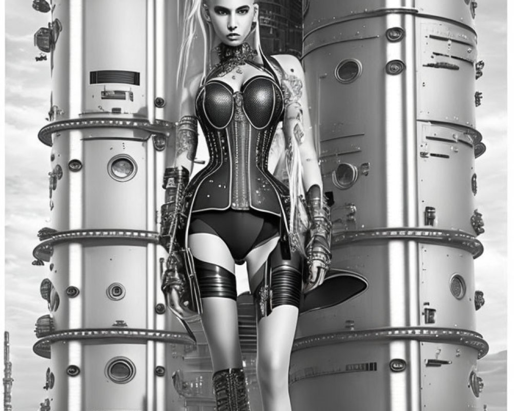 Futuristic female cyberpunk character with robotic limbs and industrial backdrop