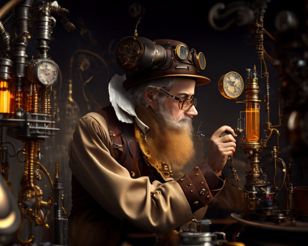 Steampunk-themed man with vial among vintage clocks and mechanical devices