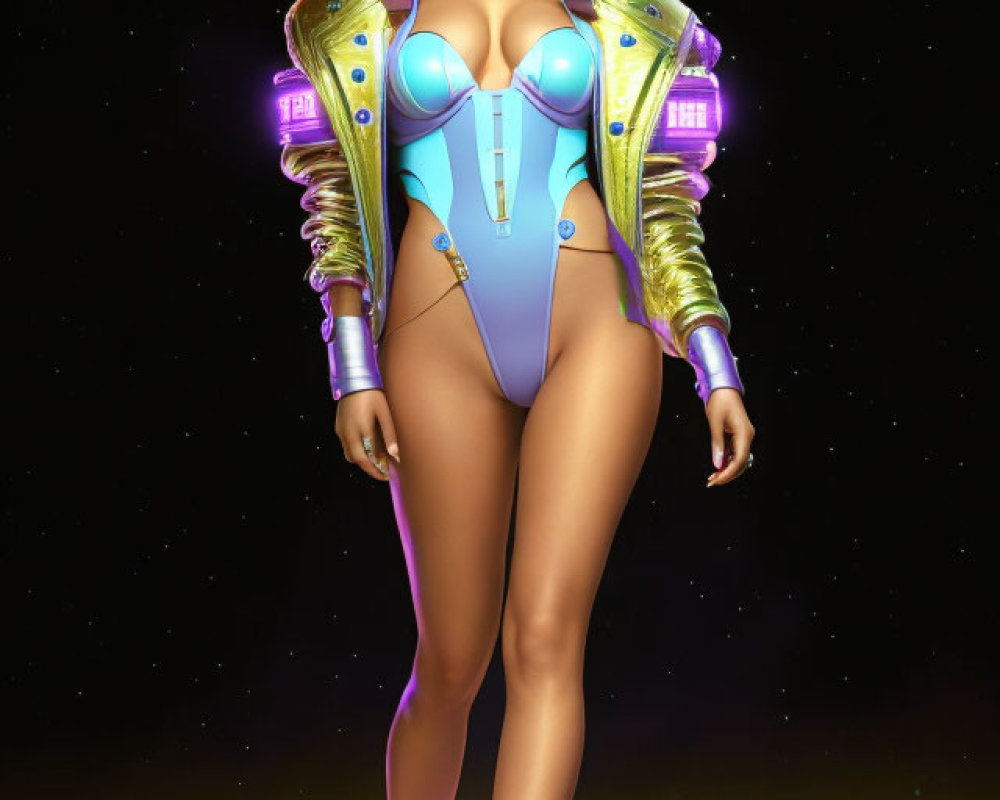 Futuristic woman in blue and gold bodysuit against city nightscape