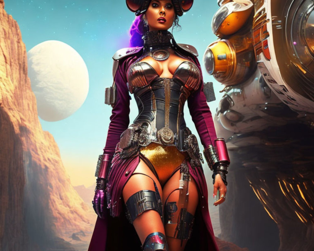 Futuristic warrior woman in sci-fi armor on desert planet with spaceship and moons