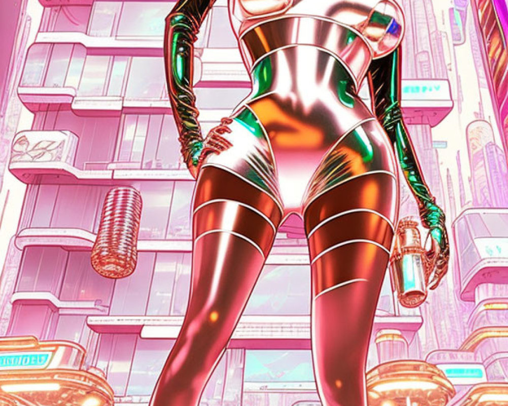 Futuristic illustration of woman in metallic bodysuit in pink cityscape