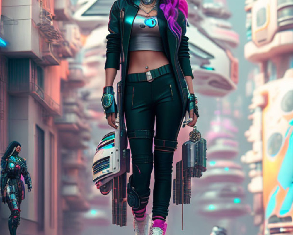 Futuristic purple-haired girl in neon-lit city with robots and helmet.